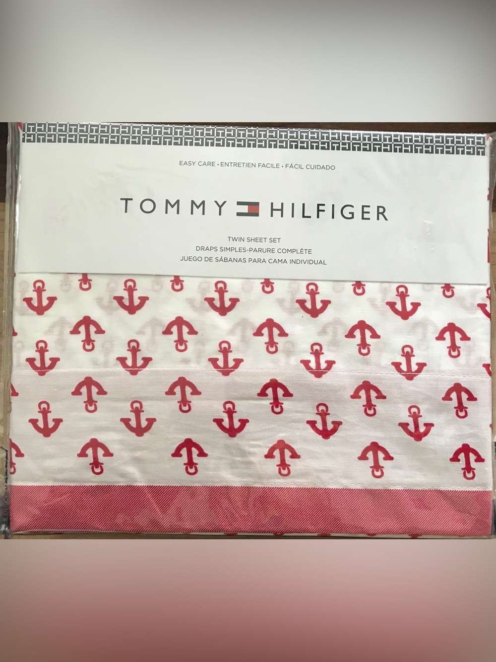 Tommy Hilfiger White Twin Sheet Set with Red Anchor Print